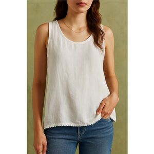 Viola Borghi Italy White Linen Eyelet Tank Top Pom Trim Hem Women’s Size L